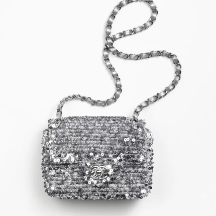 CHANEL / MINI FLAP BAG Embroidered Satin, Sequins, Glass Pearls & Ruthenium-Finish Metal Ref.  AS4269 B13685 NQ843 Silver