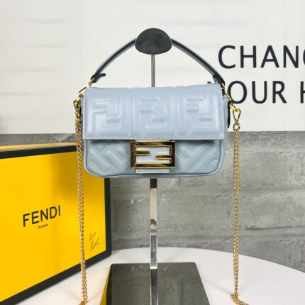 FENDI BAGUETTE Mini Chain Strap Light Blue Handbag Size: 4*18*11cm