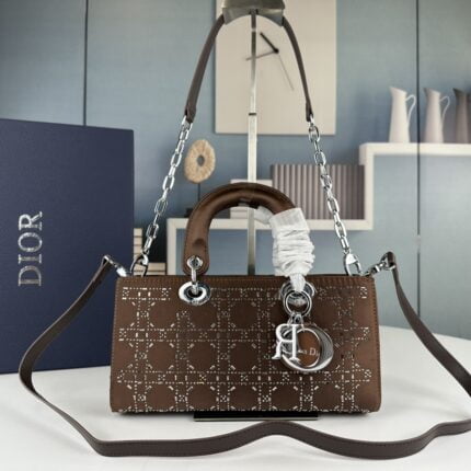 Dior satin diamond-encrusted Princess Diana bag brown 2320 size: 26*13*6cm