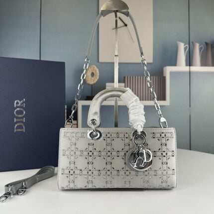 Dior satin diamond-encrusted Princess Diana bag grey 2320 size: 26*13*6cm