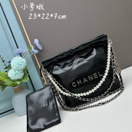 CHANEL Pearl garbage bag black with sliver hardware size: 23*28*22*7cm