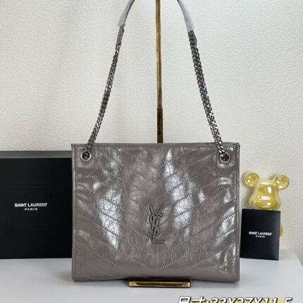 YSL NIKI Wrinkled retro oil wax skin Shoulder and backbody tote bag grey 577999 size: 33*27*11.5 cm