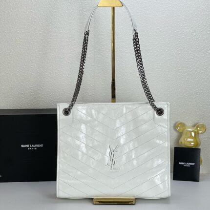 YSL NIKI Wrinkled retro oil wax skin Shoulder and backbody tote bag white 577999 size: 33*27*11.5 cm