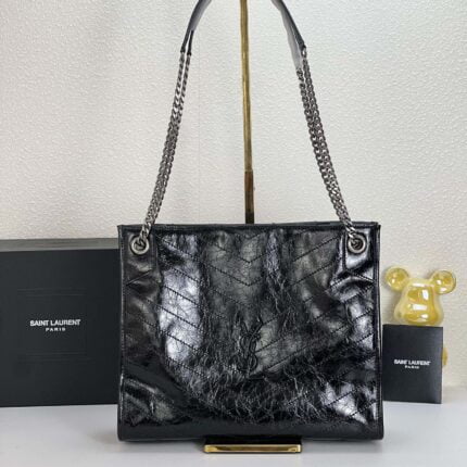 YSL NIKI Wrinkled retro oil wax skin Shoulder and backbody tote bag black 577999 size: 33*27*11.5 cm