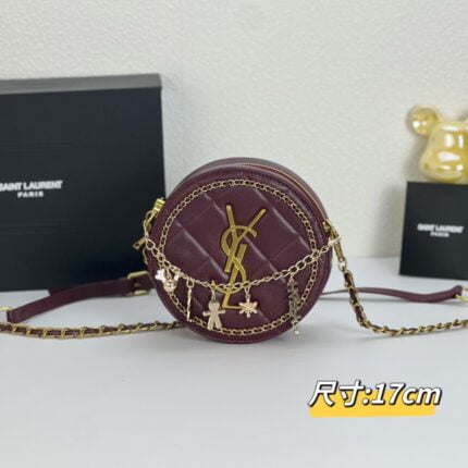 YSL round bun bag with chain strap Wine red size: 17cm