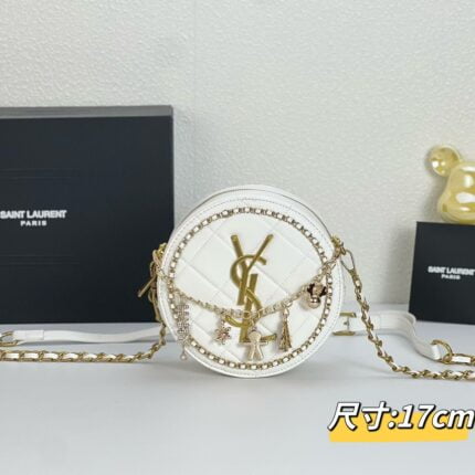 YSL round bun bag with chain strap white size: 17cm